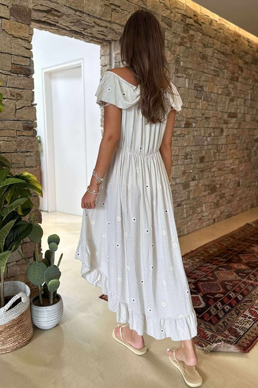 Made in Italy Forget Me Knots Bardot Shirring Dress Stone /8 =